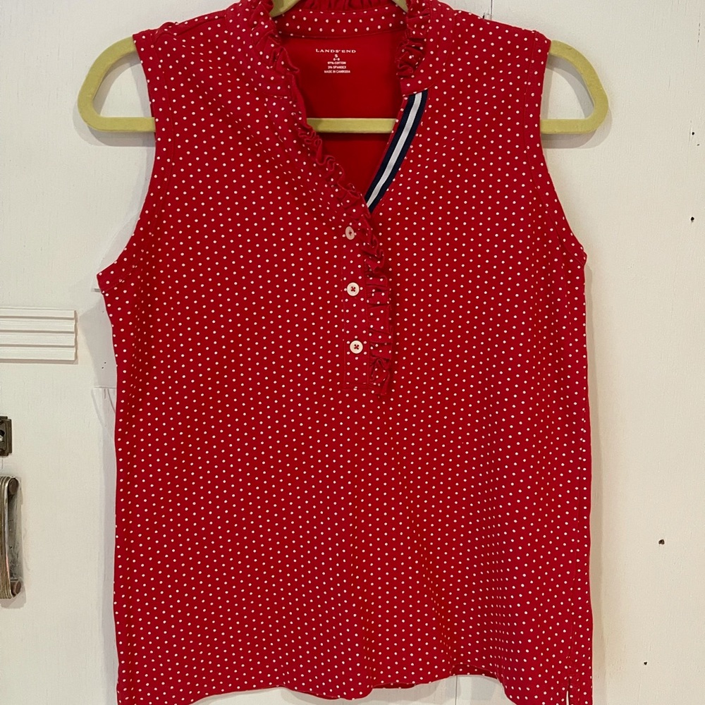 Lands End red top with white polka dots.